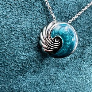 Unique Silver and Teal Swirl Ocean Beach Pendant Necklace on Stamped 925 chain